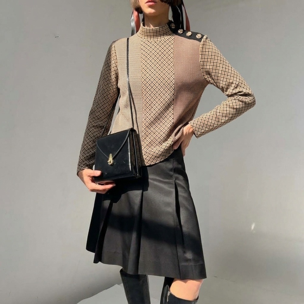 Zara Mixed Houndstooth Patchwork Plaid High Neck Button Shoulder Top Brown M
